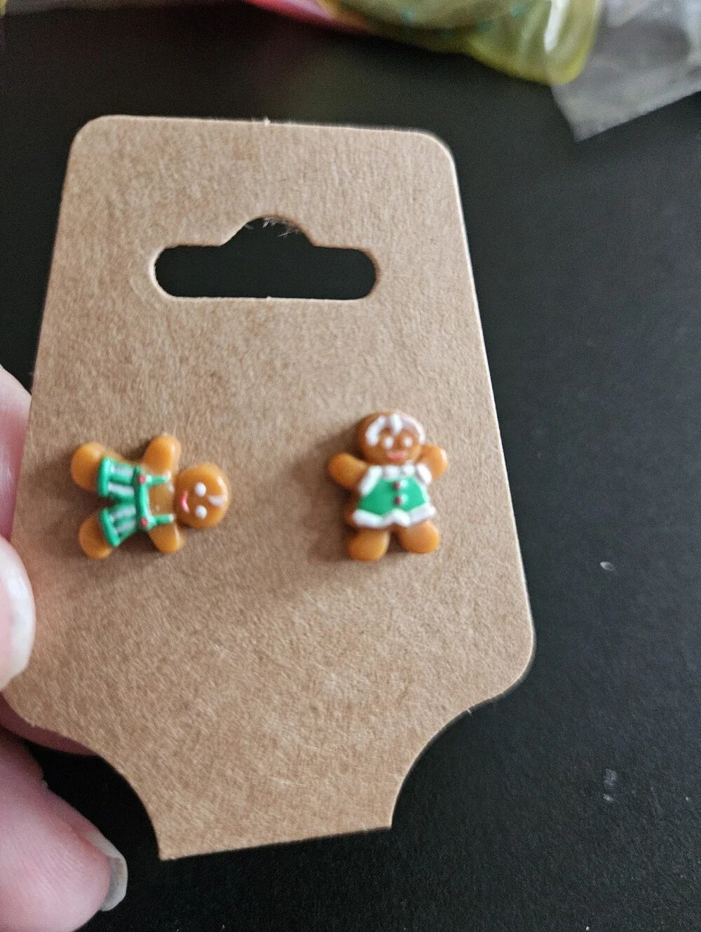 Gingerbread Kids Stud Earrings - Brown with Green Outfit